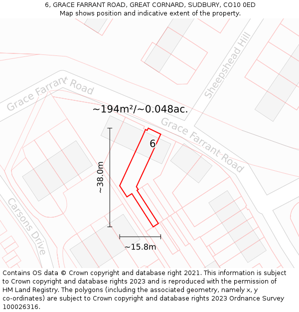 6, GRACE FARRANT ROAD, GREAT CORNARD, SUDBURY, CO10 0ED: Plot and title map