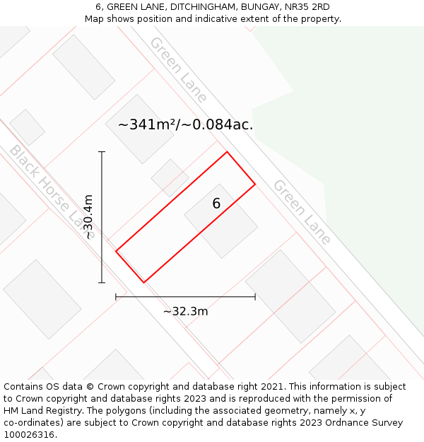 6, GREEN LANE, DITCHINGHAM, BUNGAY, NR35 2RD: Plot and title map