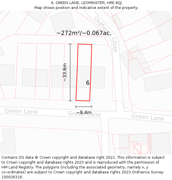 6, GREEN LANE, LEOMINSTER, HR6 8QJ: Plot and title map