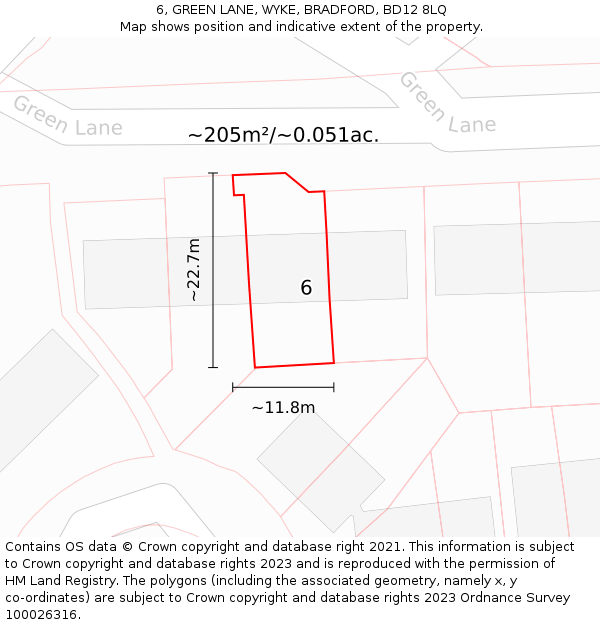 6, GREEN LANE, WYKE, BRADFORD, BD12 8LQ: Plot and title map