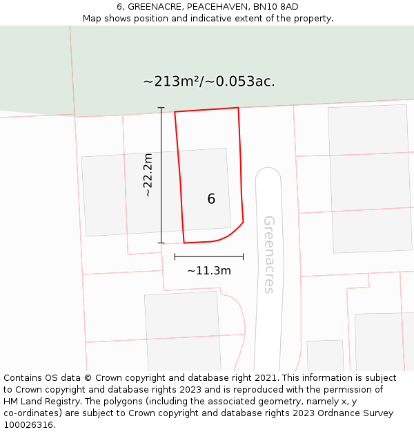 6, GREENACRE, PEACEHAVEN, BN10 8AD: Plot and title map