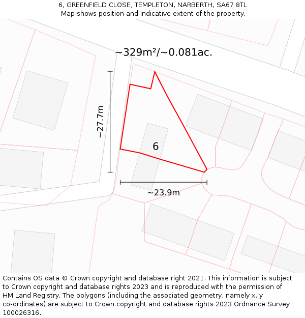 6, GREENFIELD CLOSE, TEMPLETON, NARBERTH, SA67 8TL: Plot and title map