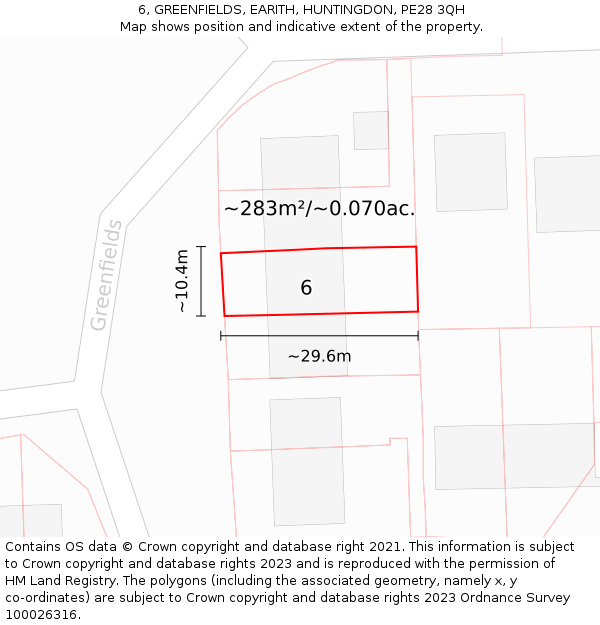 6, GREENFIELDS, EARITH, HUNTINGDON, PE28 3QH: Plot and title map