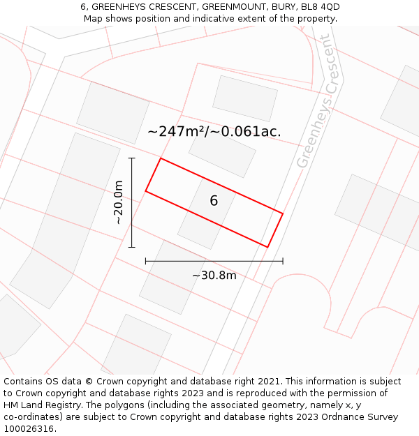 6, GREENHEYS CRESCENT, GREENMOUNT, BURY, BL8 4QD: Plot and title map