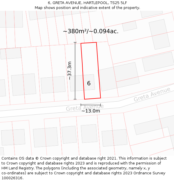 6, GRETA AVENUE, HARTLEPOOL, TS25 5LF: Plot and title map