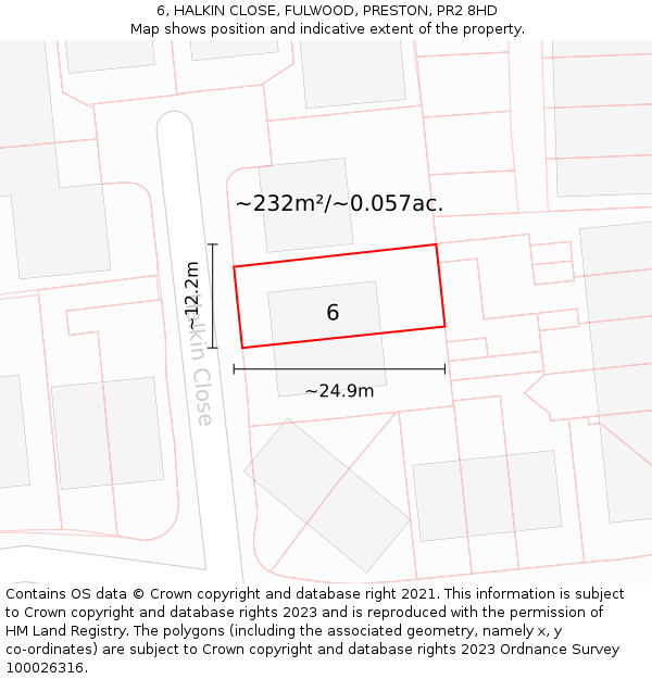 6, HALKIN CLOSE, FULWOOD, PRESTON, PR2 8HD: Plot and title map