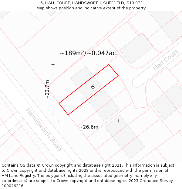 6, HALL COURT, HANDSWORTH, SHEFFIELD, S13 9BF: Plot and title map