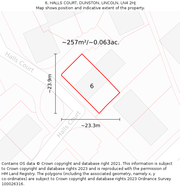 6, HALLS COURT, DUNSTON, LINCOLN, LN4 2HJ: Plot and title map