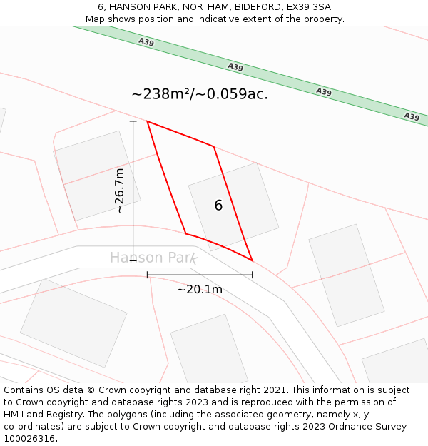 6, HANSON PARK, NORTHAM, BIDEFORD, EX39 3SA: Plot and title map