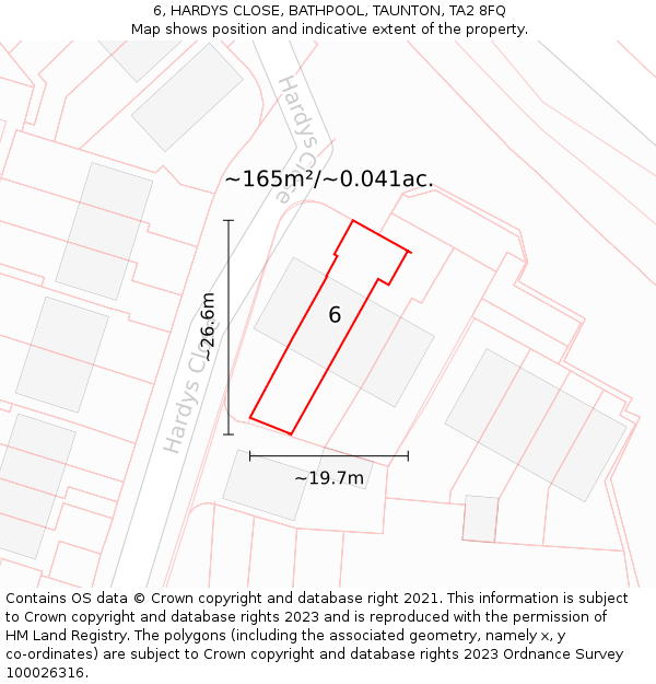 6, HARDYS CLOSE, BATHPOOL, TAUNTON, TA2 8FQ: Plot and title map