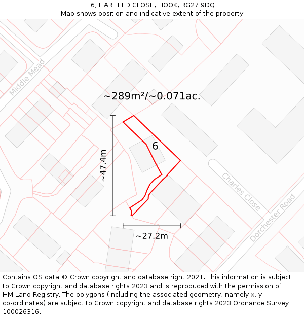 6, HARFIELD CLOSE, HOOK, RG27 9DQ: Plot and title map