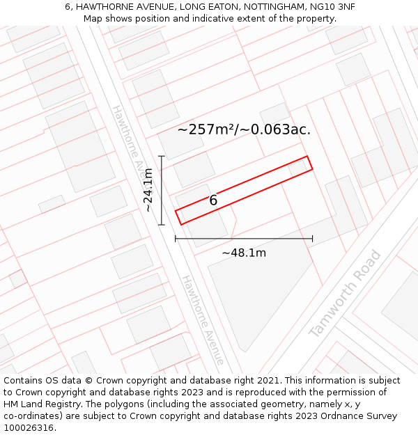 6, HAWTHORNE AVENUE, LONG EATON, NOTTINGHAM, NG10 3NF: Plot and title map