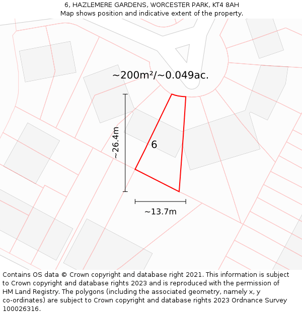 6, HAZLEMERE GARDENS, WORCESTER PARK, KT4 8AH: Plot and title map