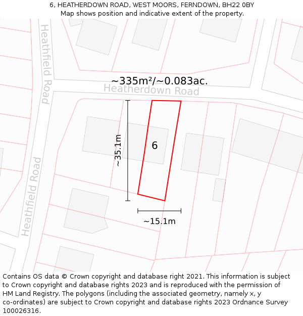 6, HEATHERDOWN ROAD, WEST MOORS, FERNDOWN, BH22 0BY: Plot and title map