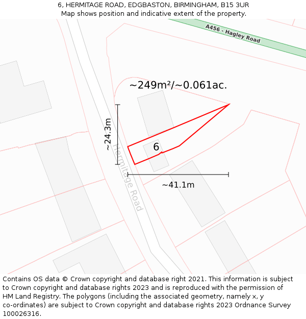 6, HERMITAGE ROAD, EDGBASTON, BIRMINGHAM, B15 3UR: Plot and title map