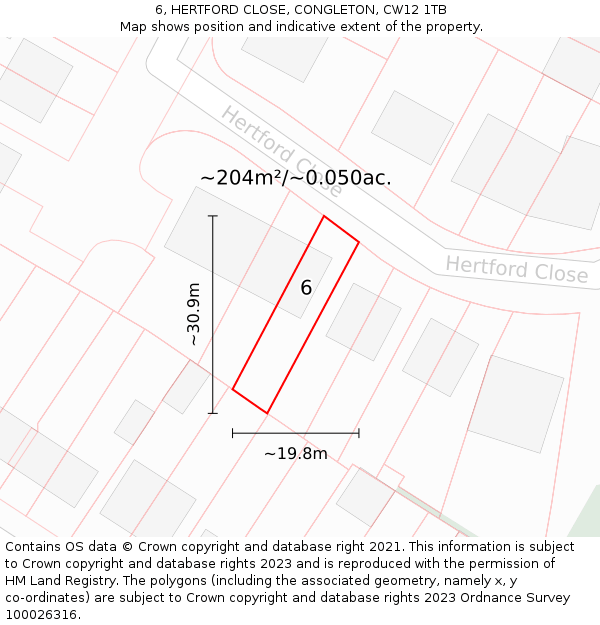 6, HERTFORD CLOSE, CONGLETON, CW12 1TB: Plot and title map