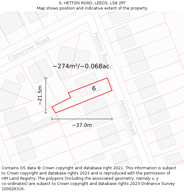 6, HETTON ROAD, LEEDS, LS8 2RT: Plot and title map