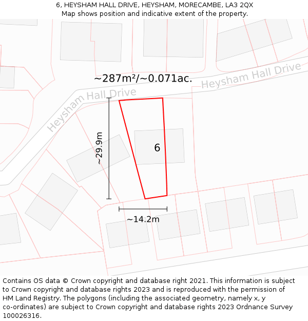 6, HEYSHAM HALL DRIVE, HEYSHAM, MORECAMBE, LA3 2QX: Plot and title map