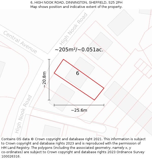 6, HIGH NOOK ROAD, DINNINGTON, SHEFFIELD, S25 2PH: Plot and title map