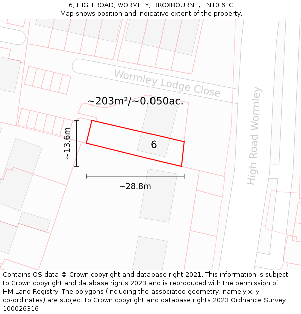 6, HIGH ROAD, WORMLEY, BROXBOURNE, EN10 6LG: Plot and title map