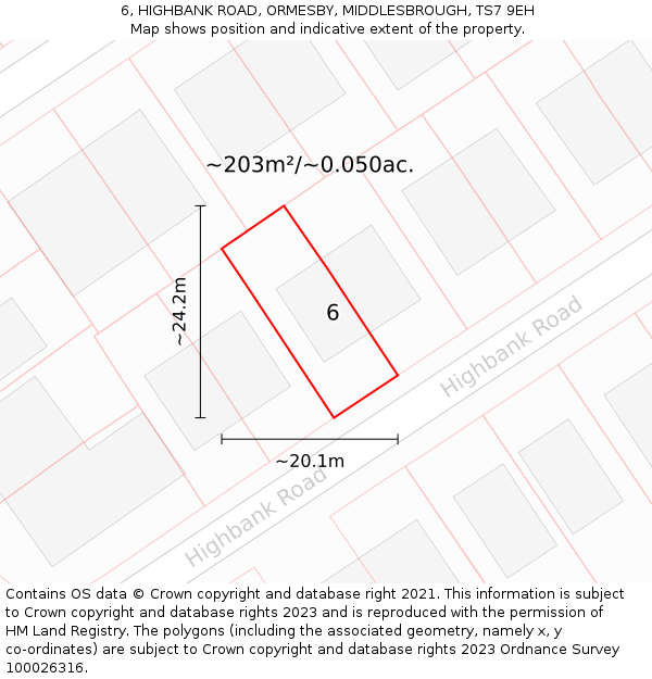 6, HIGHBANK ROAD, ORMESBY, MIDDLESBROUGH, TS7 9EH: Plot and title map