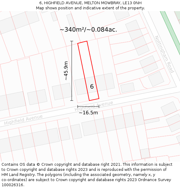 6, HIGHFIELD AVENUE, MELTON MOWBRAY, LE13 0NH: Plot and title map