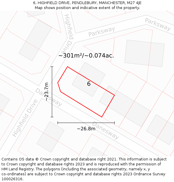 6, HIGHFIELD DRIVE, PENDLEBURY, MANCHESTER, M27 4JE: Plot and title map