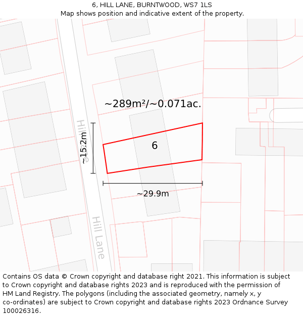 6, HILL LANE, BURNTWOOD, WS7 1LS: Plot and title map