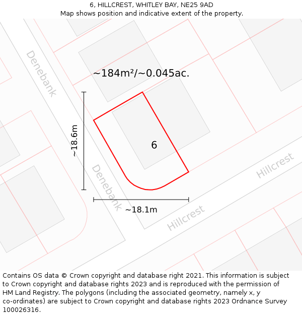 6, HILLCREST, WHITLEY BAY, NE25 9AD: Plot and title map