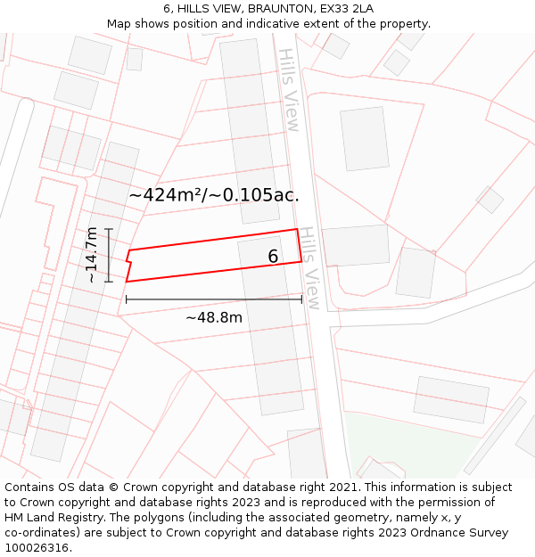 6, HILLS VIEW, BRAUNTON, EX33 2LA: Plot and title map