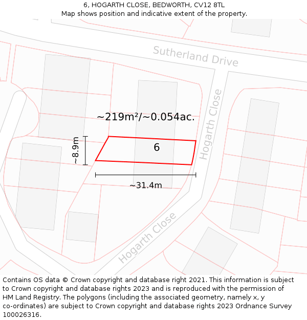 6, HOGARTH CLOSE, BEDWORTH, CV12 8TL: Plot and title map