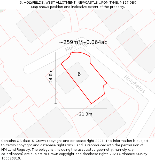 6, HOLYFIELDS, WEST ALLOTMENT, NEWCASTLE UPON TYNE, NE27 0EX: Plot and title map