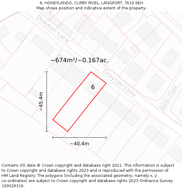 6, HONEYLANDS, CURRY RIVEL, LANGPORT, TA10 0EH: Plot and title map