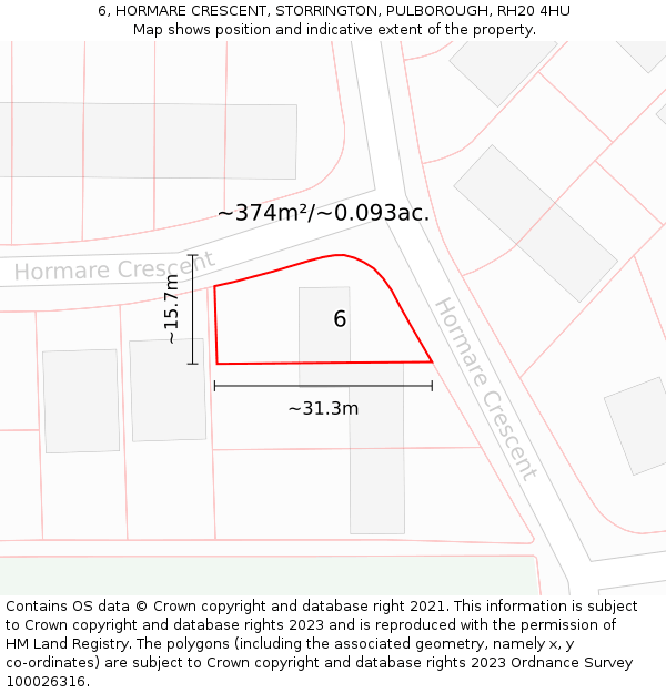 6, HORMARE CRESCENT, STORRINGTON, PULBOROUGH, RH20 4HU: Plot and title map