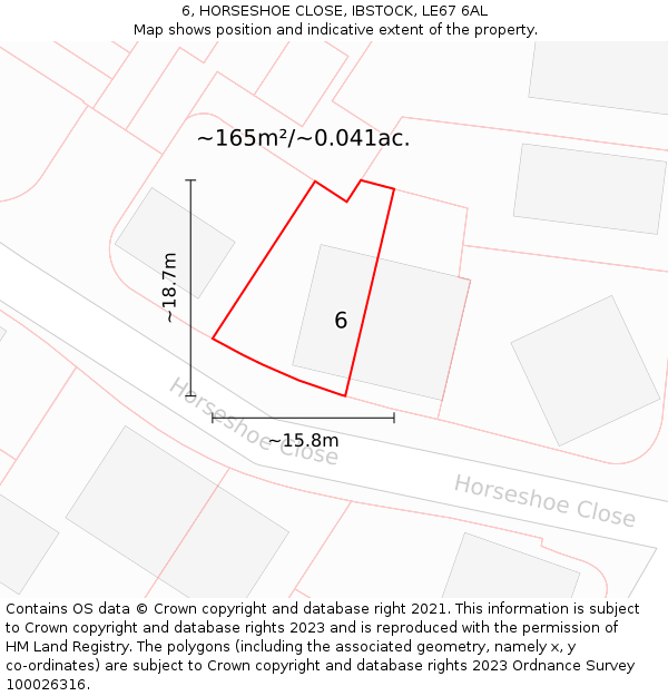 6, HORSESHOE CLOSE, IBSTOCK, LE67 6AL: Plot and title map