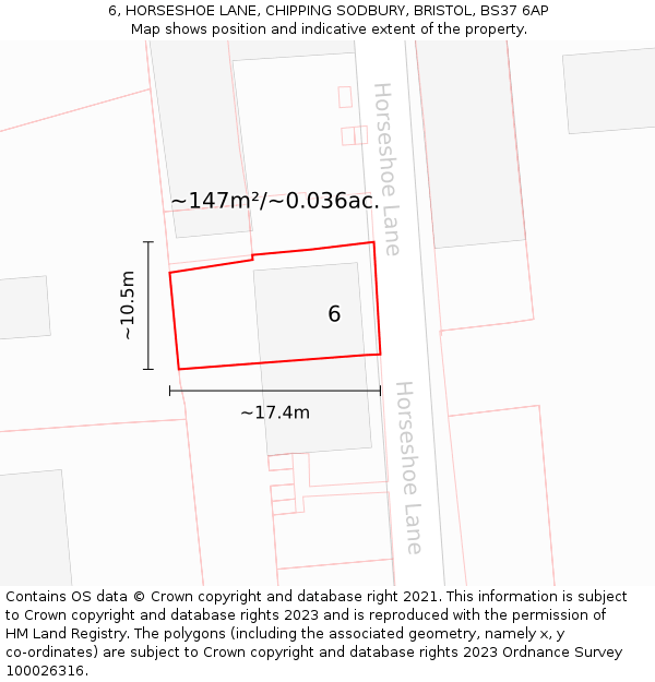 6, HORSESHOE LANE, CHIPPING SODBURY, BRISTOL, BS37 6AP: Plot and title map