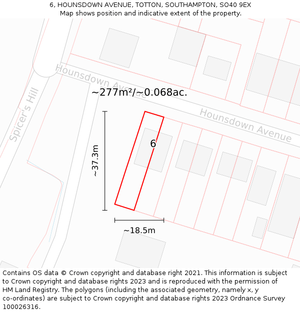 6, HOUNSDOWN AVENUE, TOTTON, SOUTHAMPTON, SO40 9EX: Plot and title map