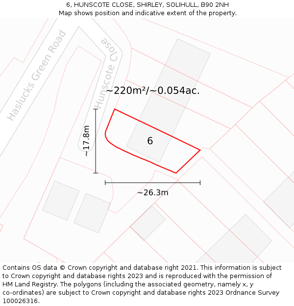 6, HUNSCOTE CLOSE, SHIRLEY, SOLIHULL, B90 2NH: Plot and title map