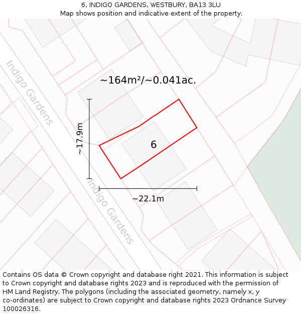 6, INDIGO GARDENS, WESTBURY, BA13 3LU: Plot and title map