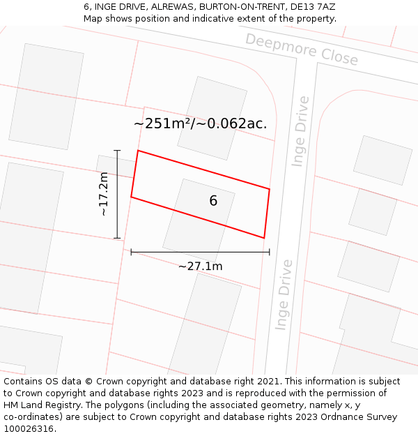 6, INGE DRIVE, ALREWAS, BURTON-ON-TRENT, DE13 7AZ: Plot and title map