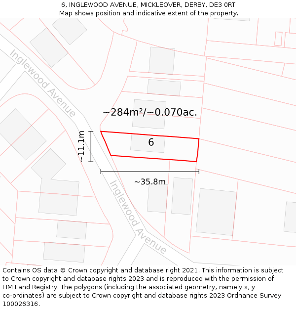 6, INGLEWOOD AVENUE, MICKLEOVER, DERBY, DE3 0RT: Plot and title map