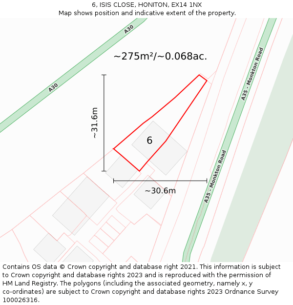 6, ISIS CLOSE, HONITON, EX14 1NX: Plot and title map