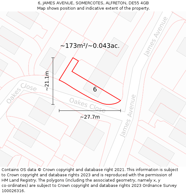 6, JAMES AVENUE, SOMERCOTES, ALFRETON, DE55 4GB: Plot and title map