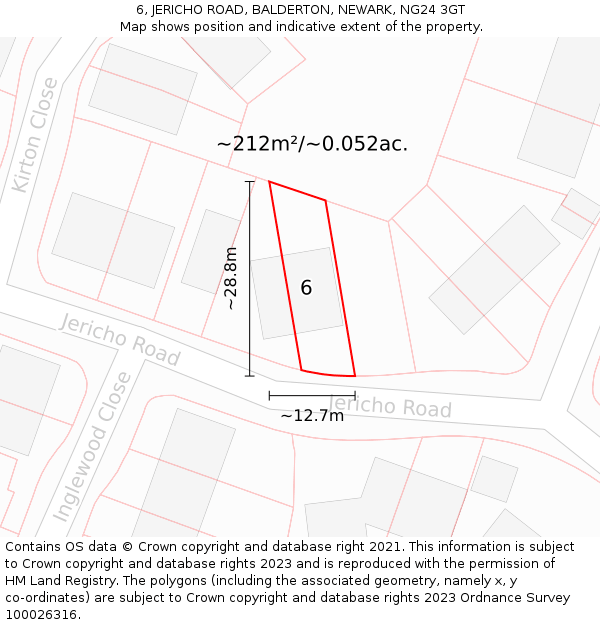 6, JERICHO ROAD, BALDERTON, NEWARK, NG24 3GT: Plot and title map