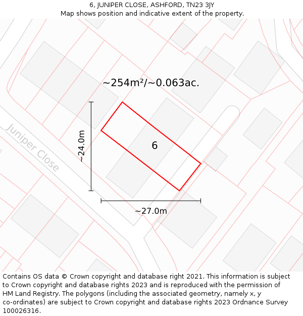 6, JUNIPER CLOSE, ASHFORD, TN23 3JY: Plot and title map