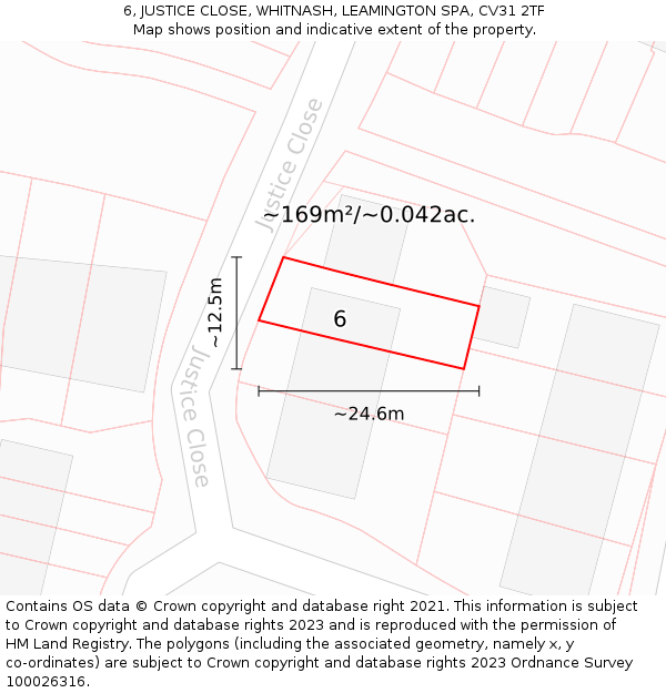 6, JUSTICE CLOSE, WHITNASH, LEAMINGTON SPA, CV31 2TF: Plot and title map