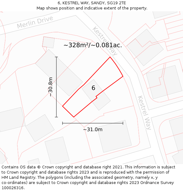 6, KESTREL WAY, SANDY, SG19 2TE: Plot and title map