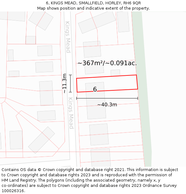 6, KINGS MEAD, SMALLFIELD, HORLEY, RH6 9QR: Plot and title map