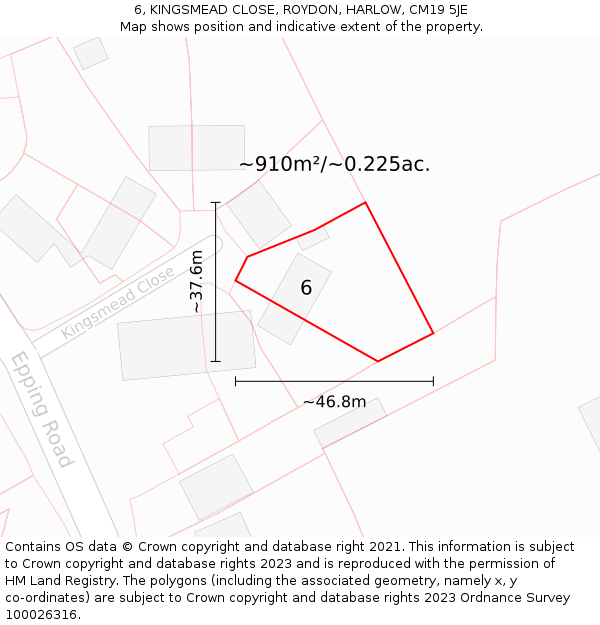 6, KINGSMEAD CLOSE, ROYDON, HARLOW, CM19 5JE: Plot and title map