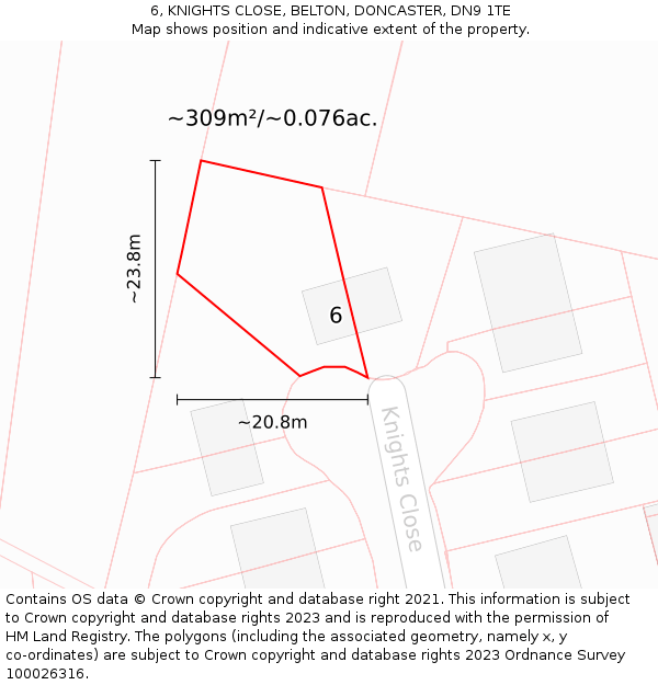 6, KNIGHTS CLOSE, BELTON, DONCASTER, DN9 1TE: Plot and title map